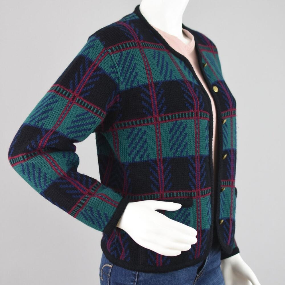 Tally-Ho Vintage 80s Plaid Cardigan, Black & Green, Women's Medium - Picture 6 of 10